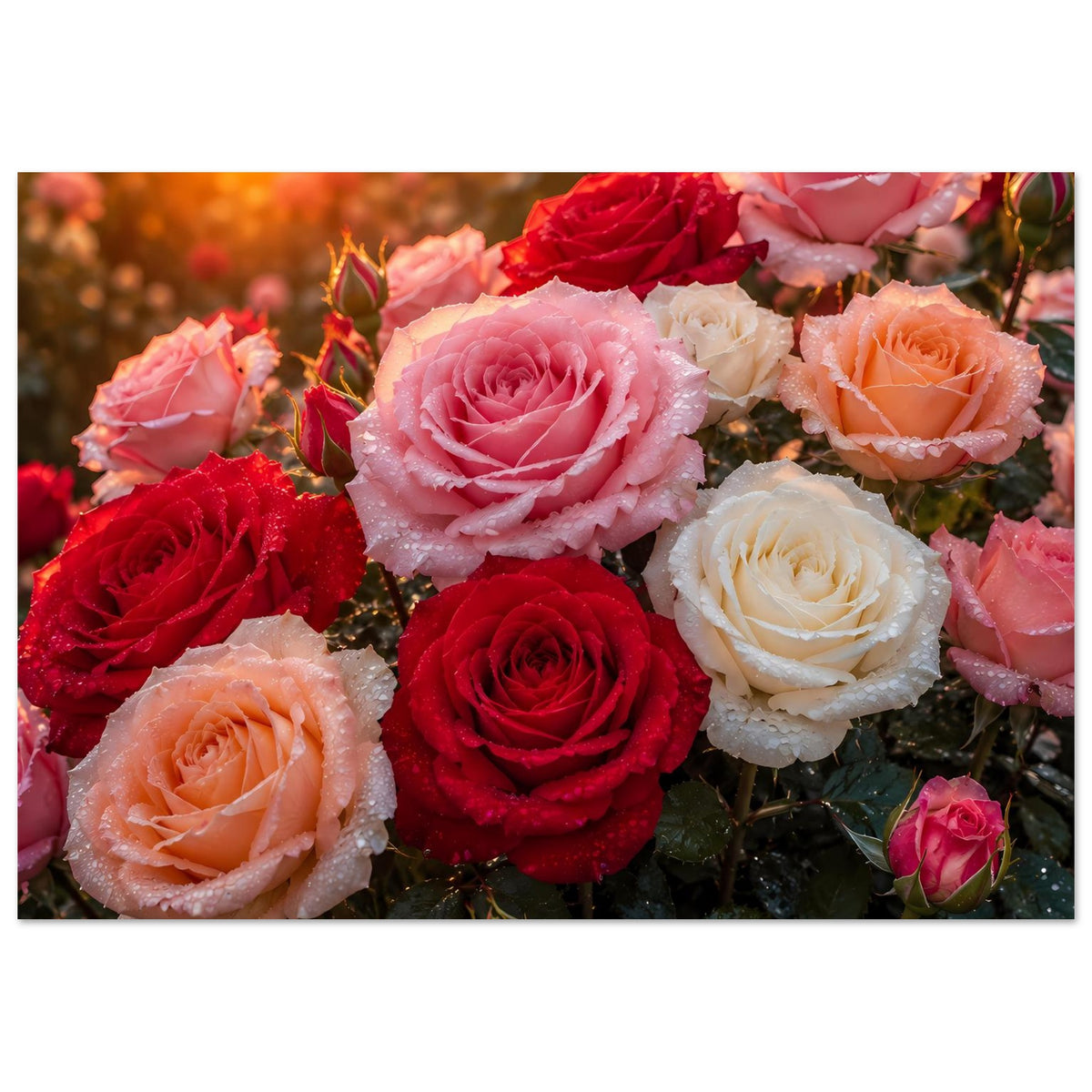 Rosenblüten-Poster mit Taufrische: enges Blumenbild mit roten, rosa und weißen Rosen