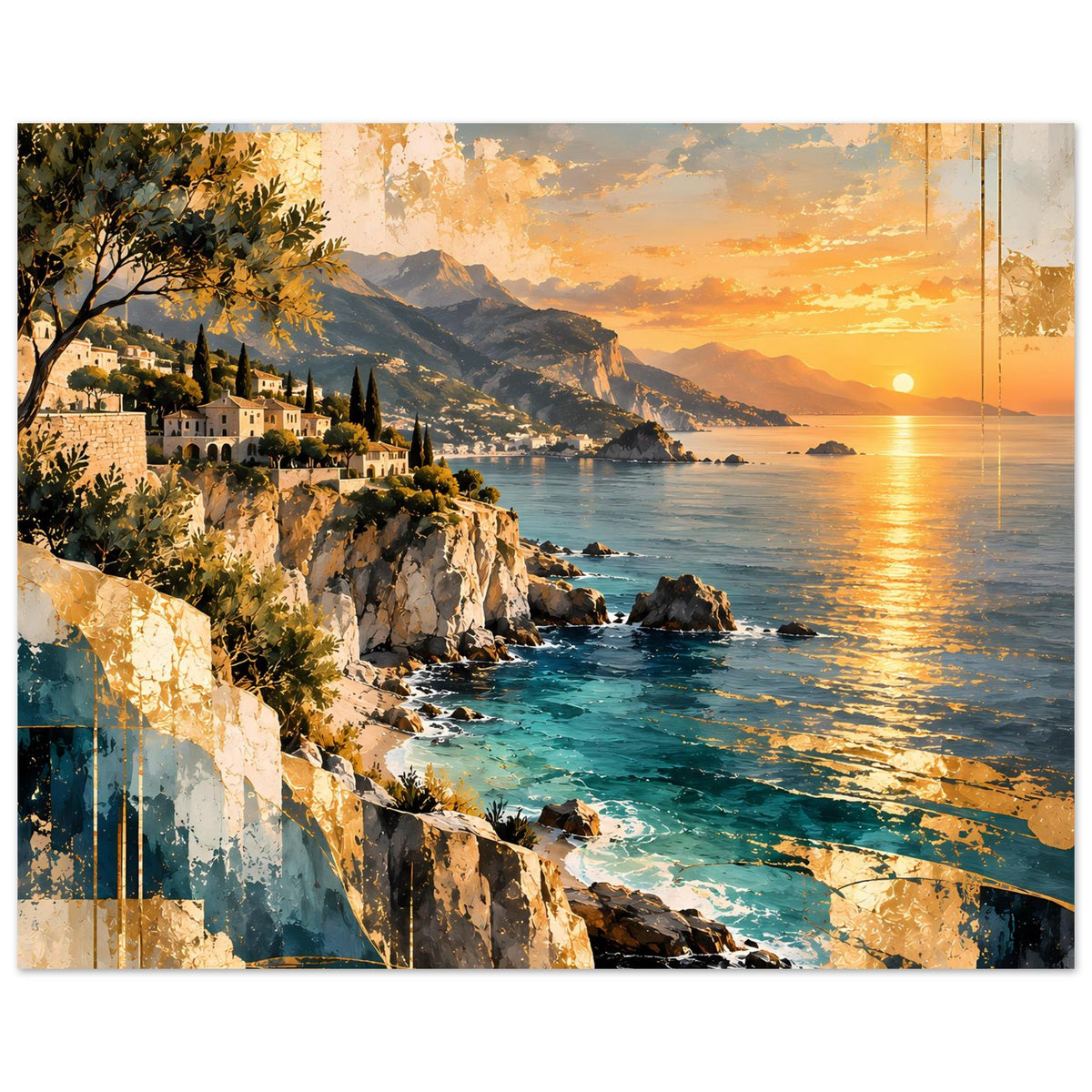 Posterkunst mit Sonnenuntergang an der Küste: Felsen, türkisblaues Wasser, entfernte Berge und Häuser.