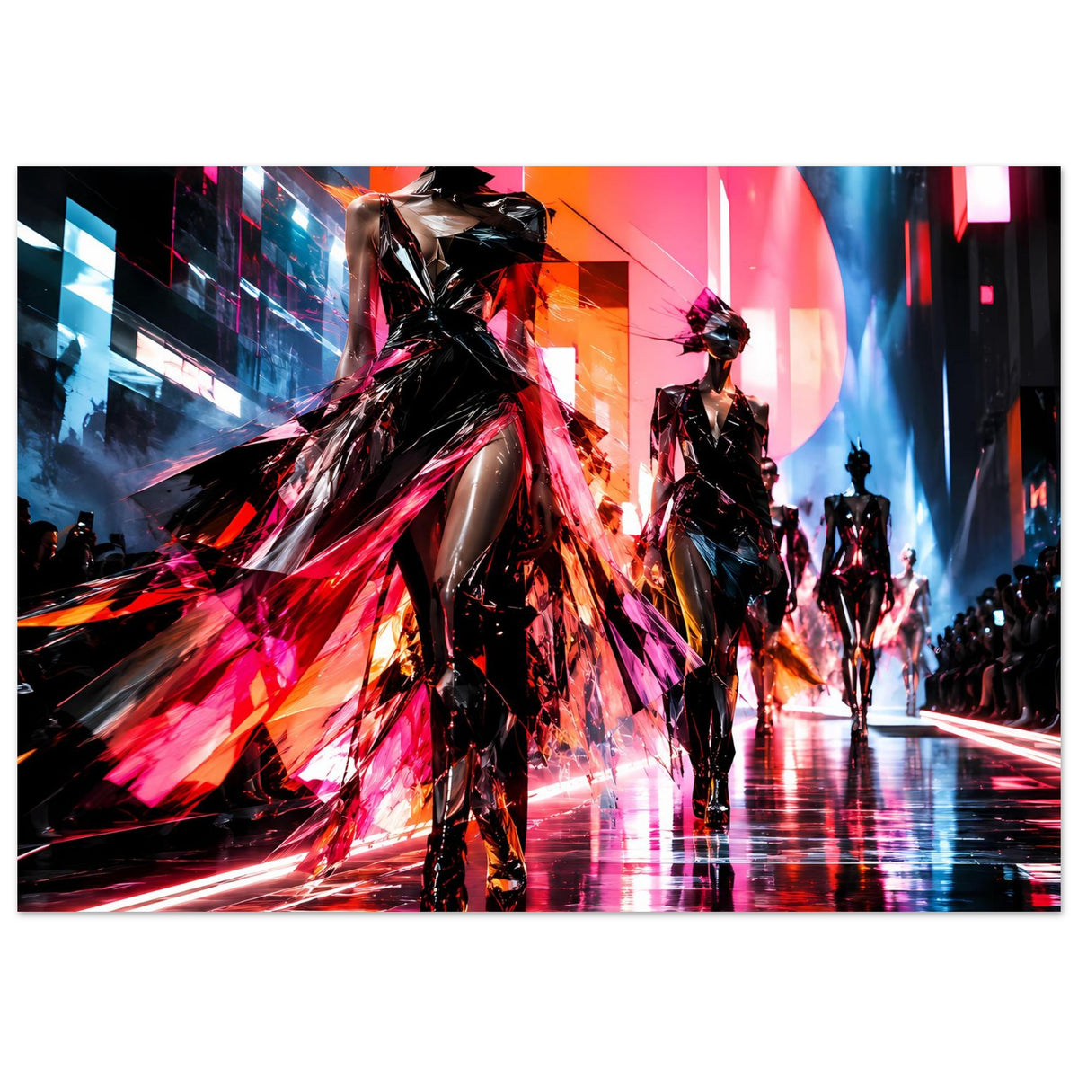 Neon-Fashion-Poster mit Runway-Silhouetten: Models in Schwarz und Glanzlichtern in Pink und Rot