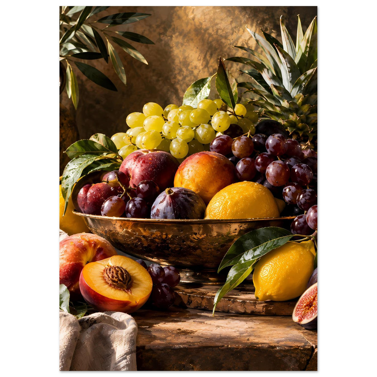 Stillleben-Poster im Hochformat: Obstschale mit Trauben, Pfirsichen und Zitrusfrüchten