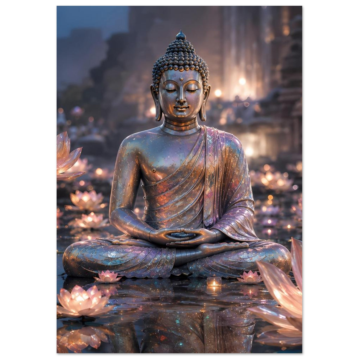 Meditationsposter mit sitzendem Buddha in Farbenpracht und glühenden Lotuslichtern
