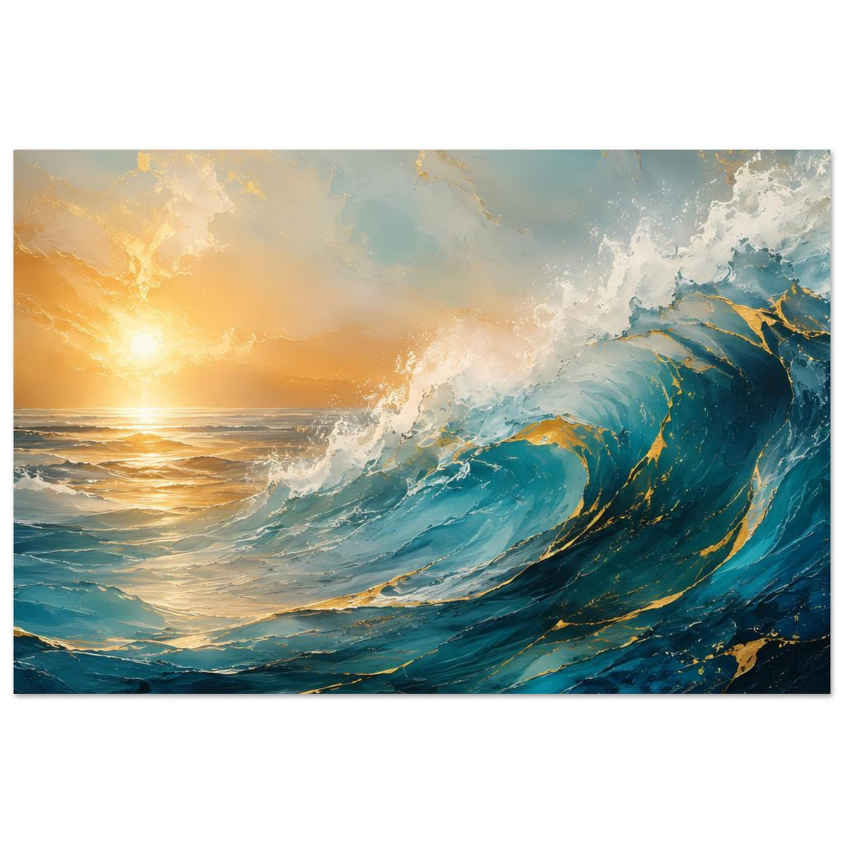 Horizontales Poster mit Ozeanwellen in Blau und Türkis sowie goldfarbenem Horizont