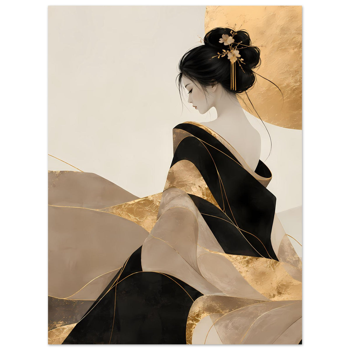 Elegantes Kunstposter (hochkant): Seitenansicht der Frau in Schwarz mit Goldschein