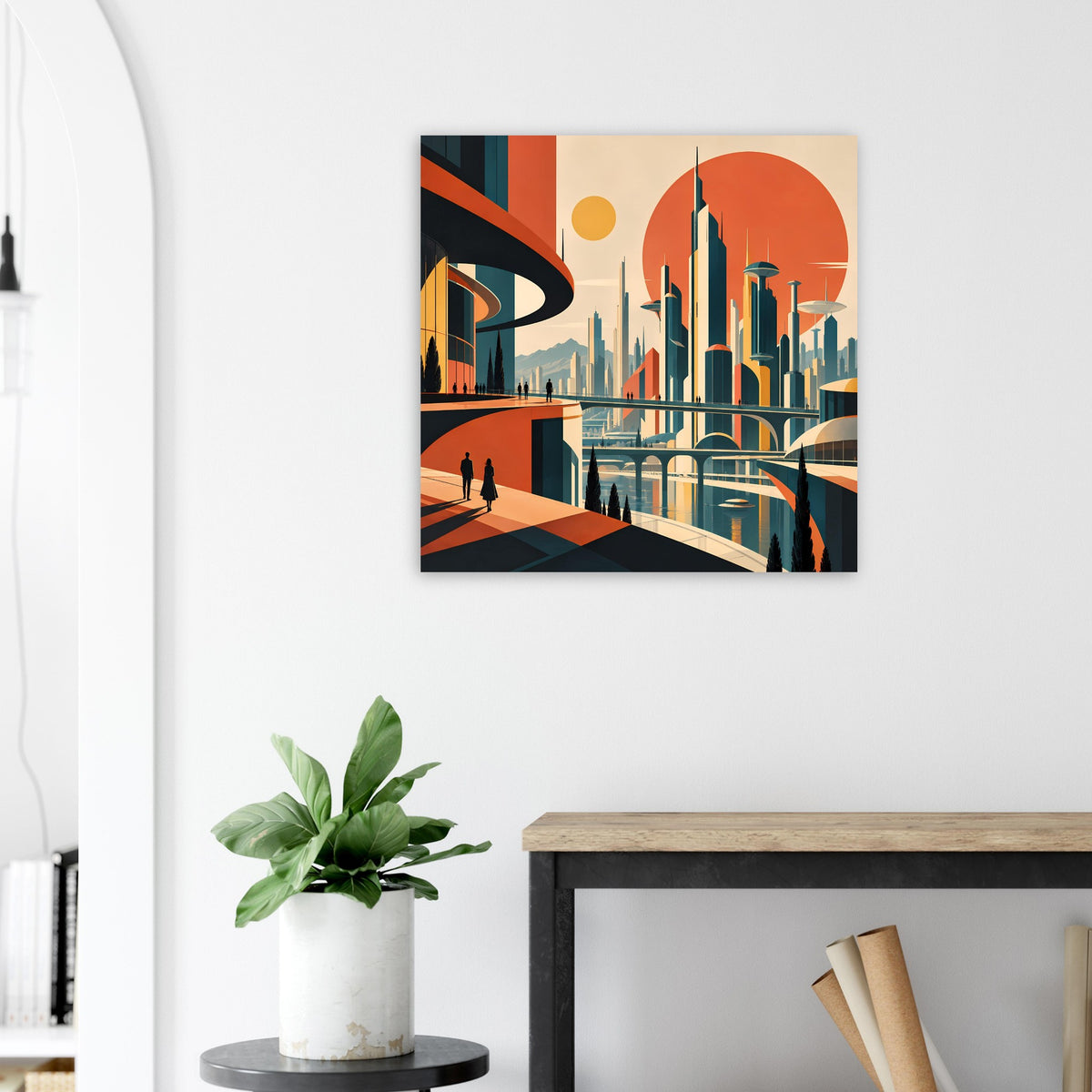 Wandposter zeigt abstrakte Stadtansicht mit orangem Sonnenkreis, dunklen Gebäudekanten und Brücken