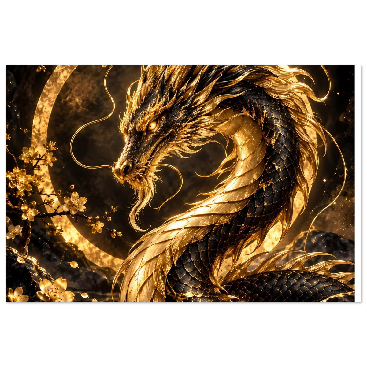 Poster mit goldenem Drachen im Ausschnitt, dunkler Schuppenpanzer und goldene Wirbel