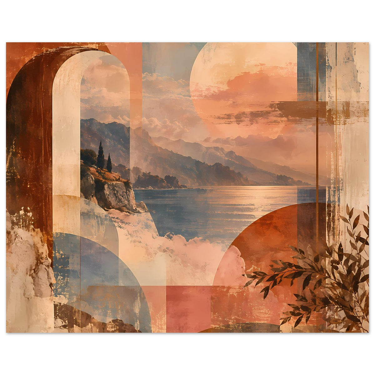 Landschaftsposter mit abstrakter Meeresküste, warmen Farbfeldern, Sonnenkreis und Blättern rechts.
