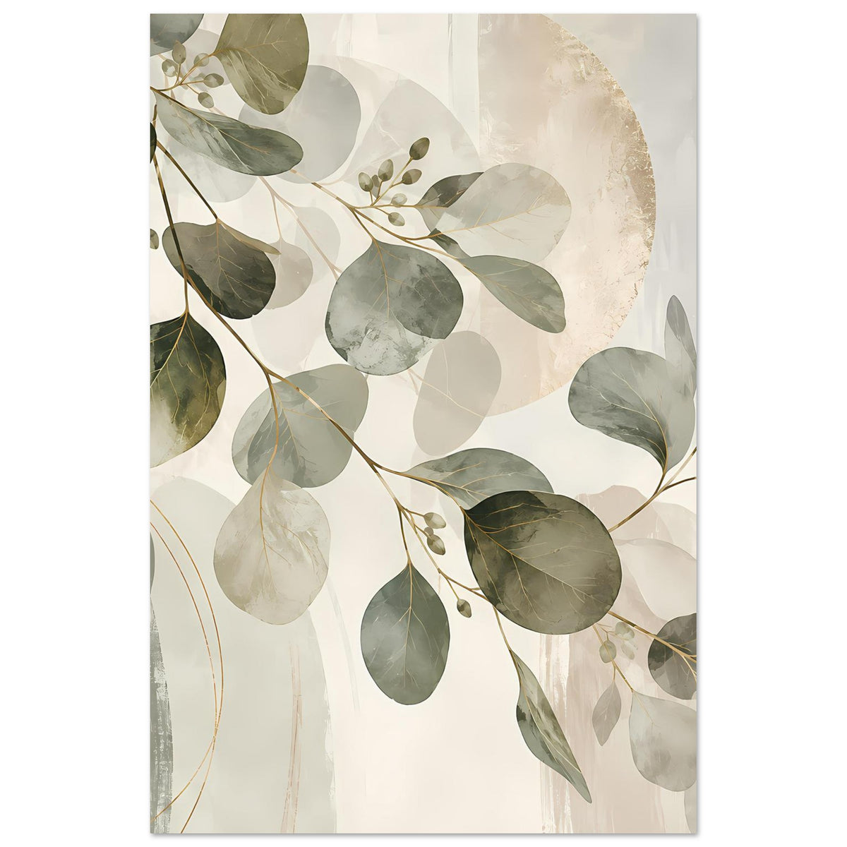 Botanisches Kunstposter mit Blattwerk in Grün-, Grau- und Erdtönen, ganzer Druck