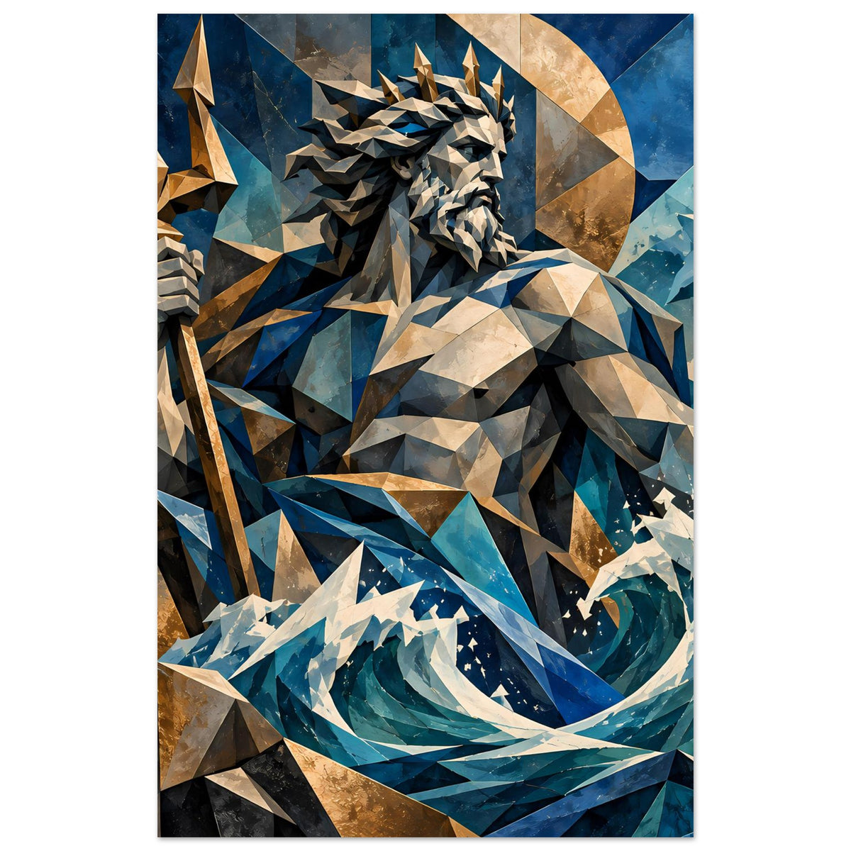 Poseidon-Poster mit Dreizack links, facettierte Kopf- und Oberkörperdarstellung, Ozeanblau