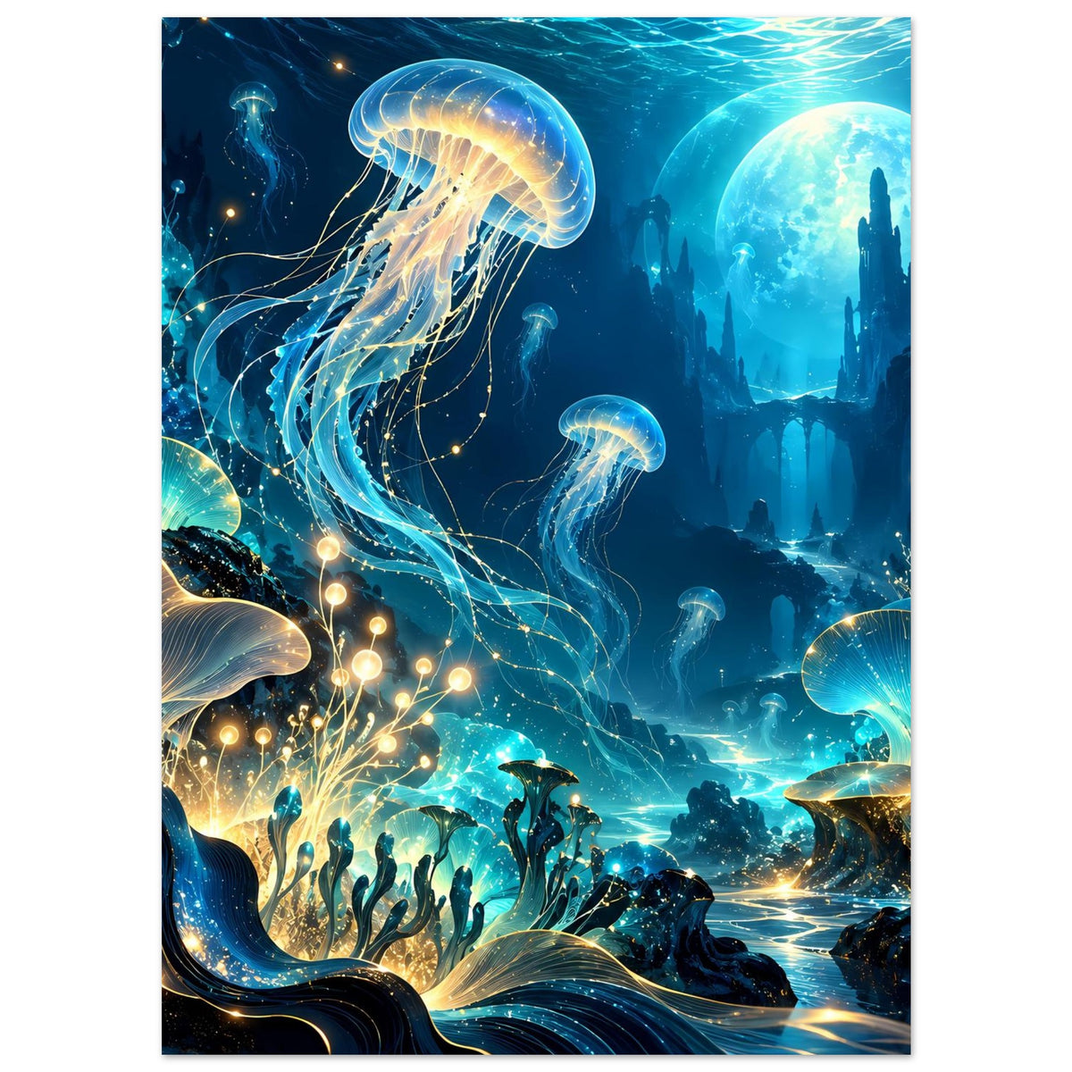 Hochformatiges Unterwasserwelt-Poster mit großer Qualle, Korallen und goldenen Lichtpunkten