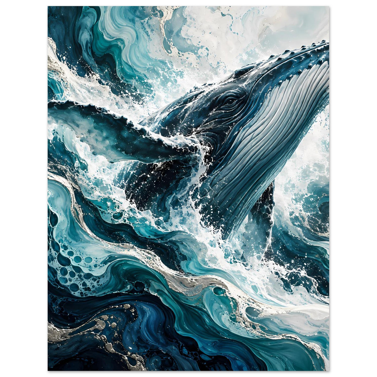 Walmotiv-Kunstposter mit Blauwal, große Schwanzflosse rechts und viel weißer Gischt