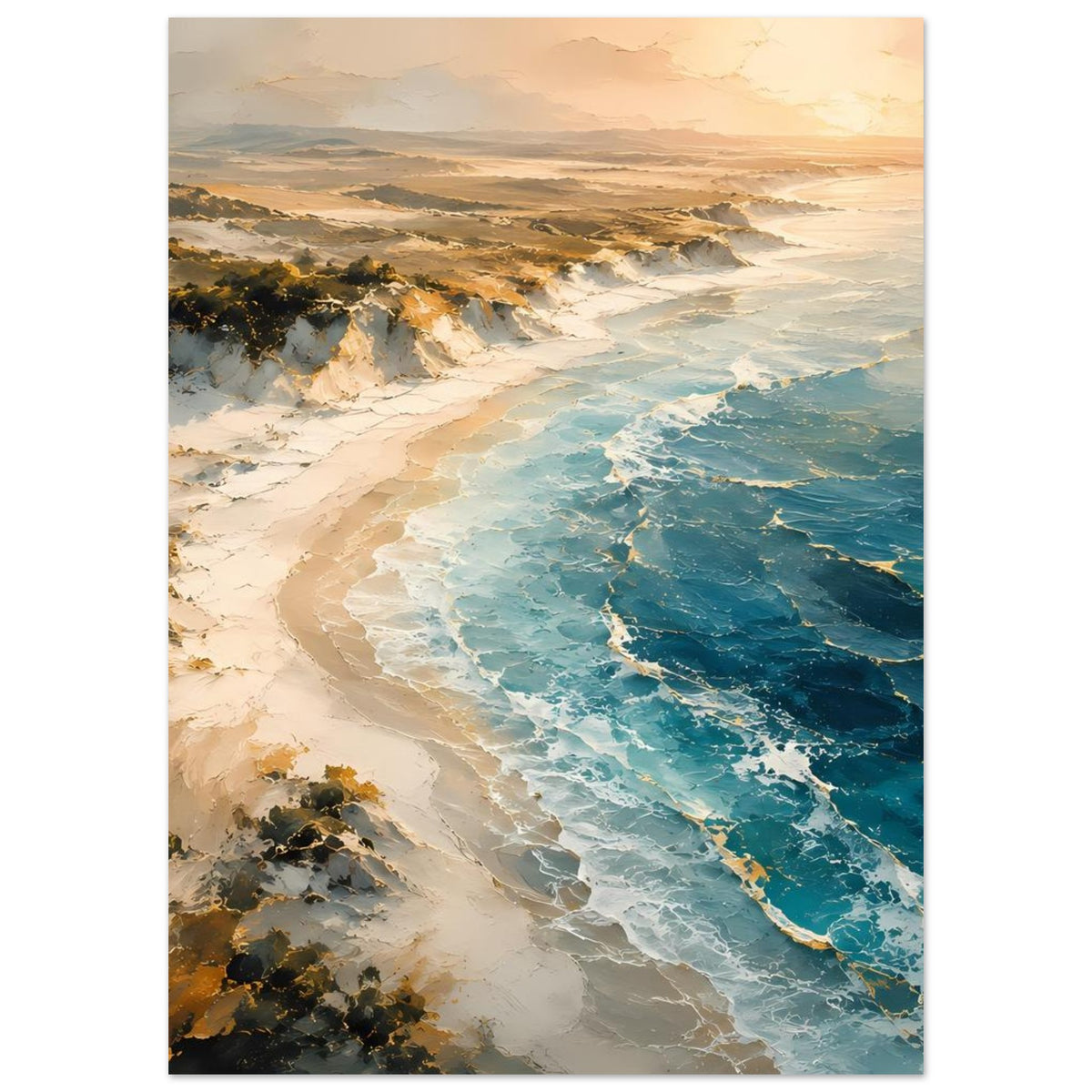 Meerstrand-Poster mit hellem Sandstrand, türkisblauem Wasser und Gischt