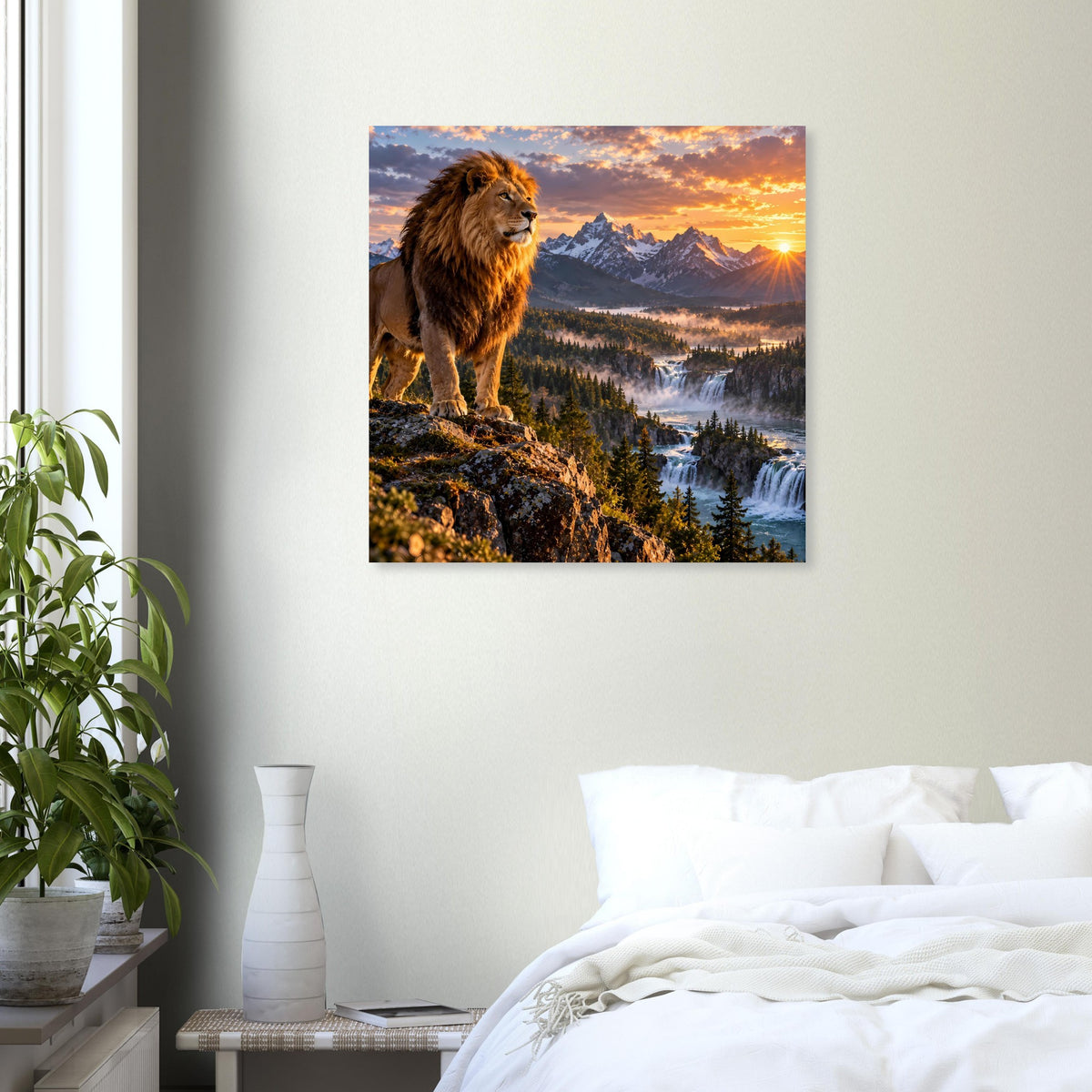Wandposter mit Löwe auf Felsvorsprung, Täler, Wasserlauf und goldenem Sonnenaufgang