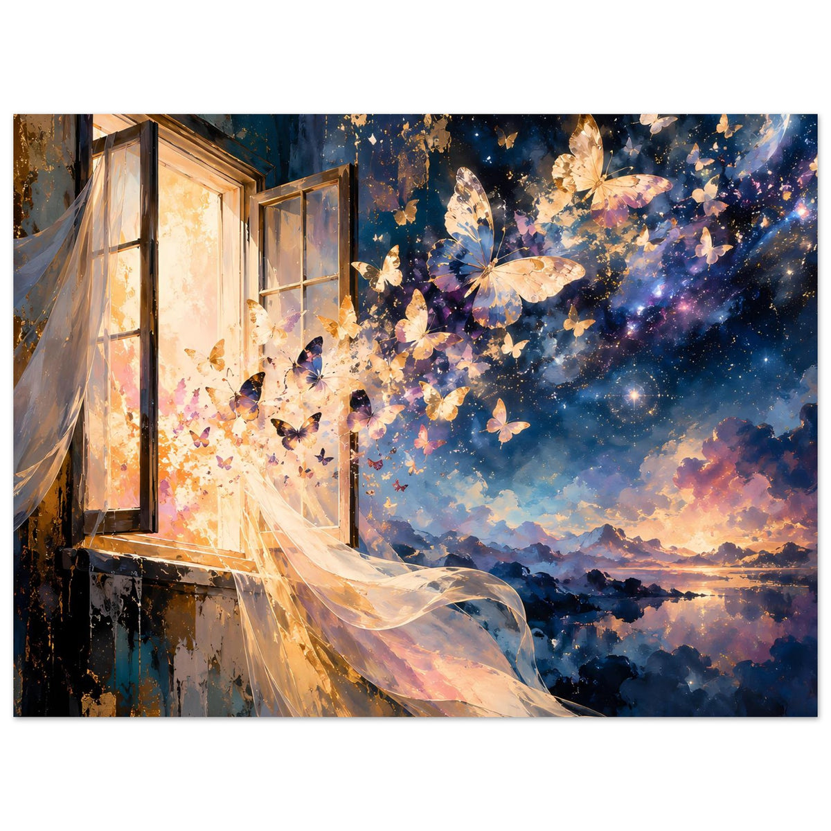 Kunstposter Panorama mit Schmetterlingen, Fensterfront und Sternen über Wolkenlandschaft