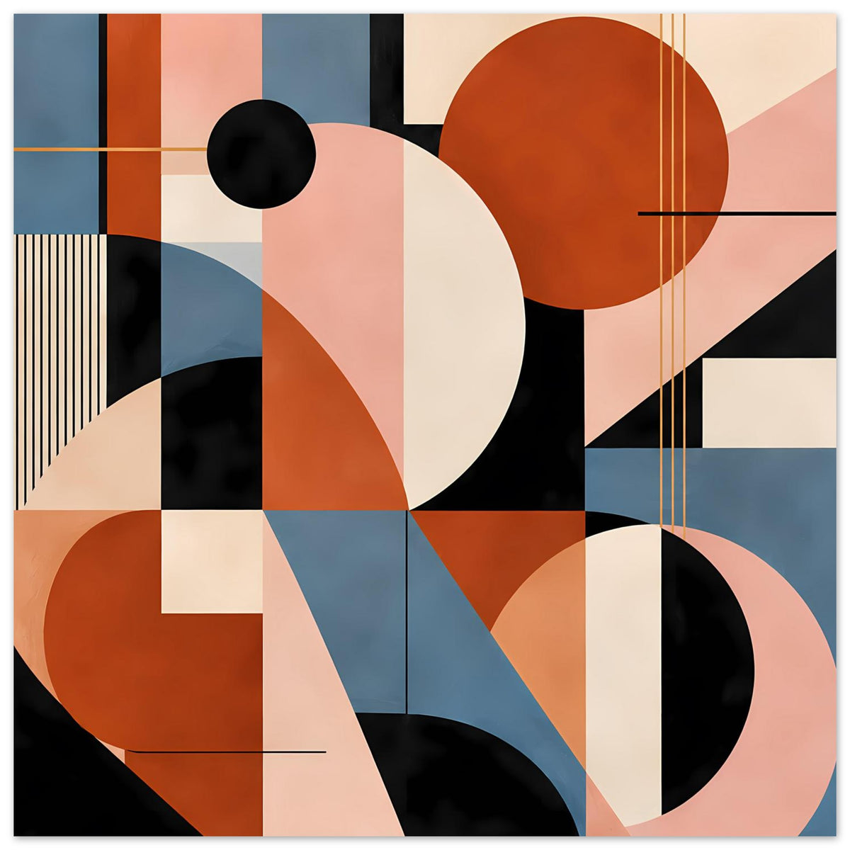 Abstraktes Geometrie-Poster mit großen Kreisen, Streifen und Rauten in Terrakotta, Blau und Rosa