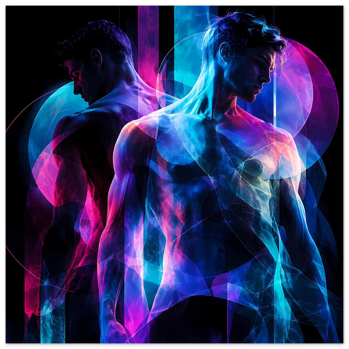 Kunstposter mit zwei Silhouetten in Blau und Pink, neonartige Lichtlinien, stehendes Motiv
