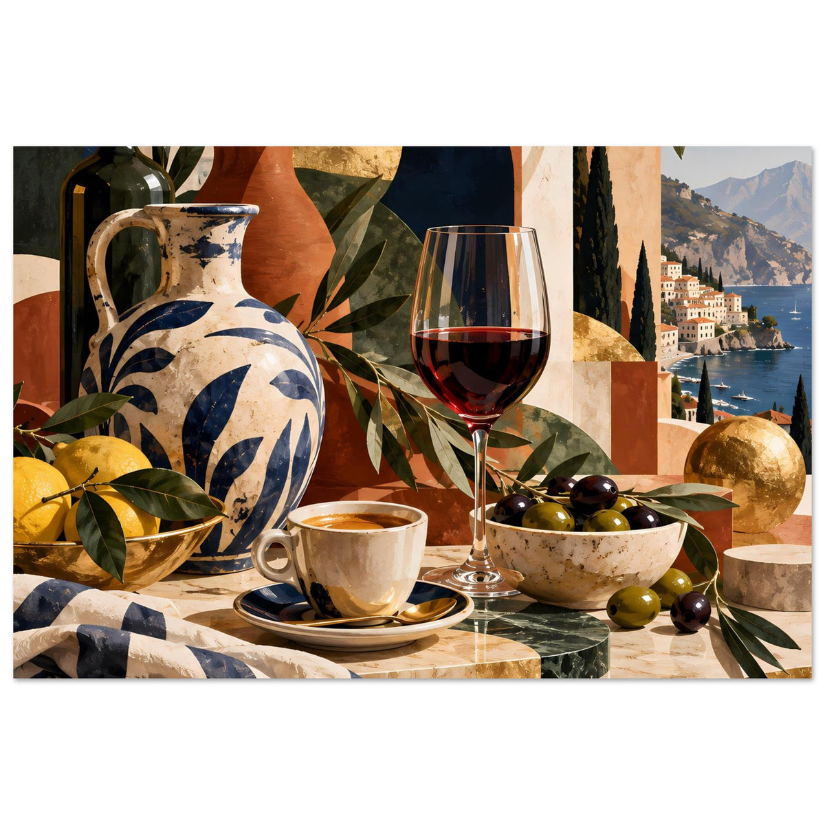 Poster zeigt mediterranes Stillleben mit Vase, Weinglas, Tasse, Olivschale und Landschaftsausschnitt