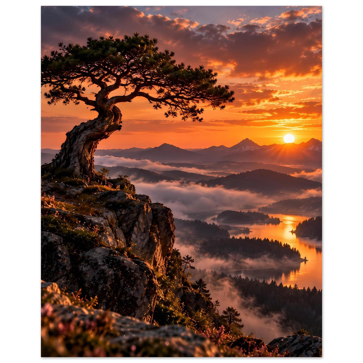 Vertikales Landschaftsposter: Baum auf Felsklippe, Sonnenuntergang über Bergen und See