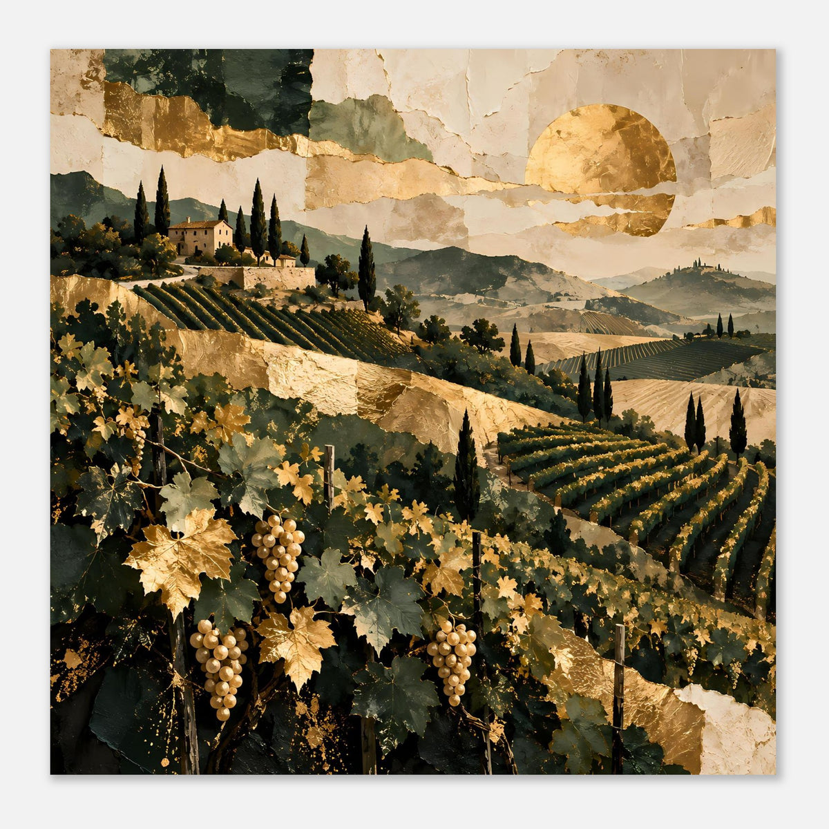 Mediterranes Landschaftsposter mit Weinbergen, Rebreihen und Trauben am Vordergrundlaub