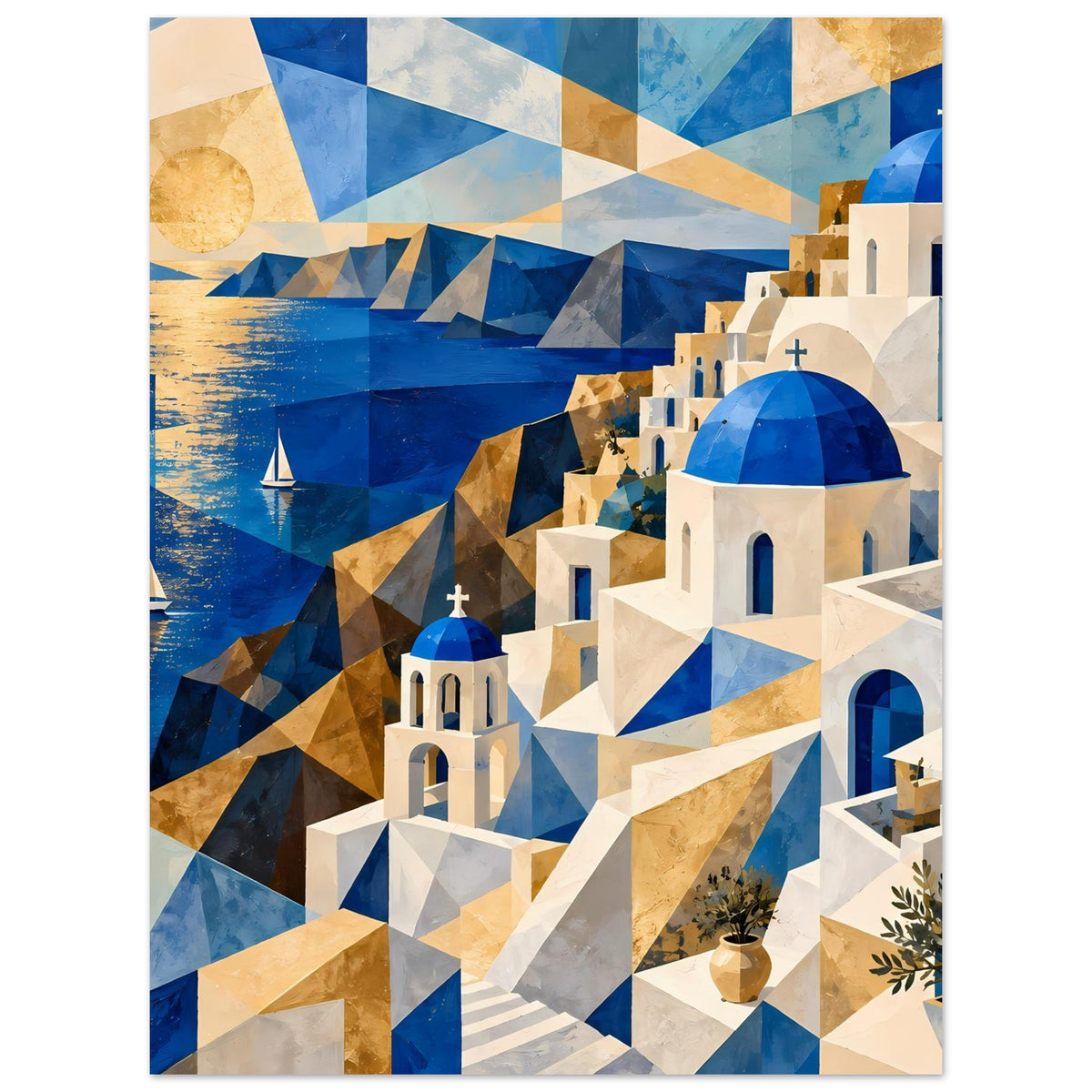 Geometrisches Poster mit blau-goldenem Sonnenuntergang, weißblauen Gebäuden und Meerblick