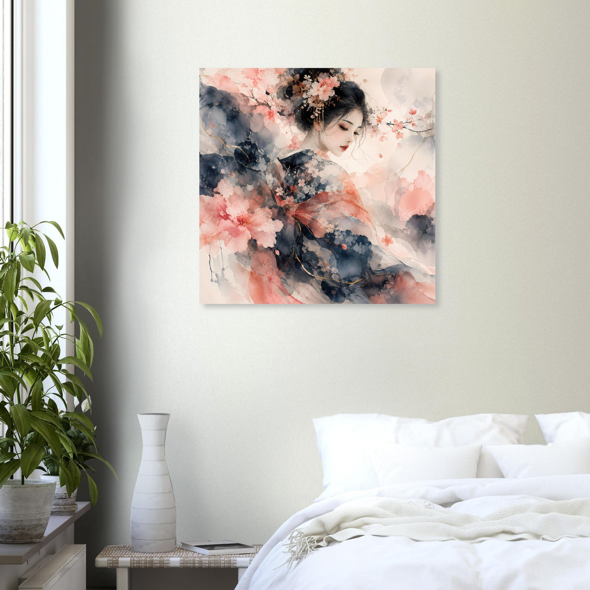 Quadratisches Wandposter mit Aquarellmotiv: Portrait in Blau, Rosa und beigen Blüten