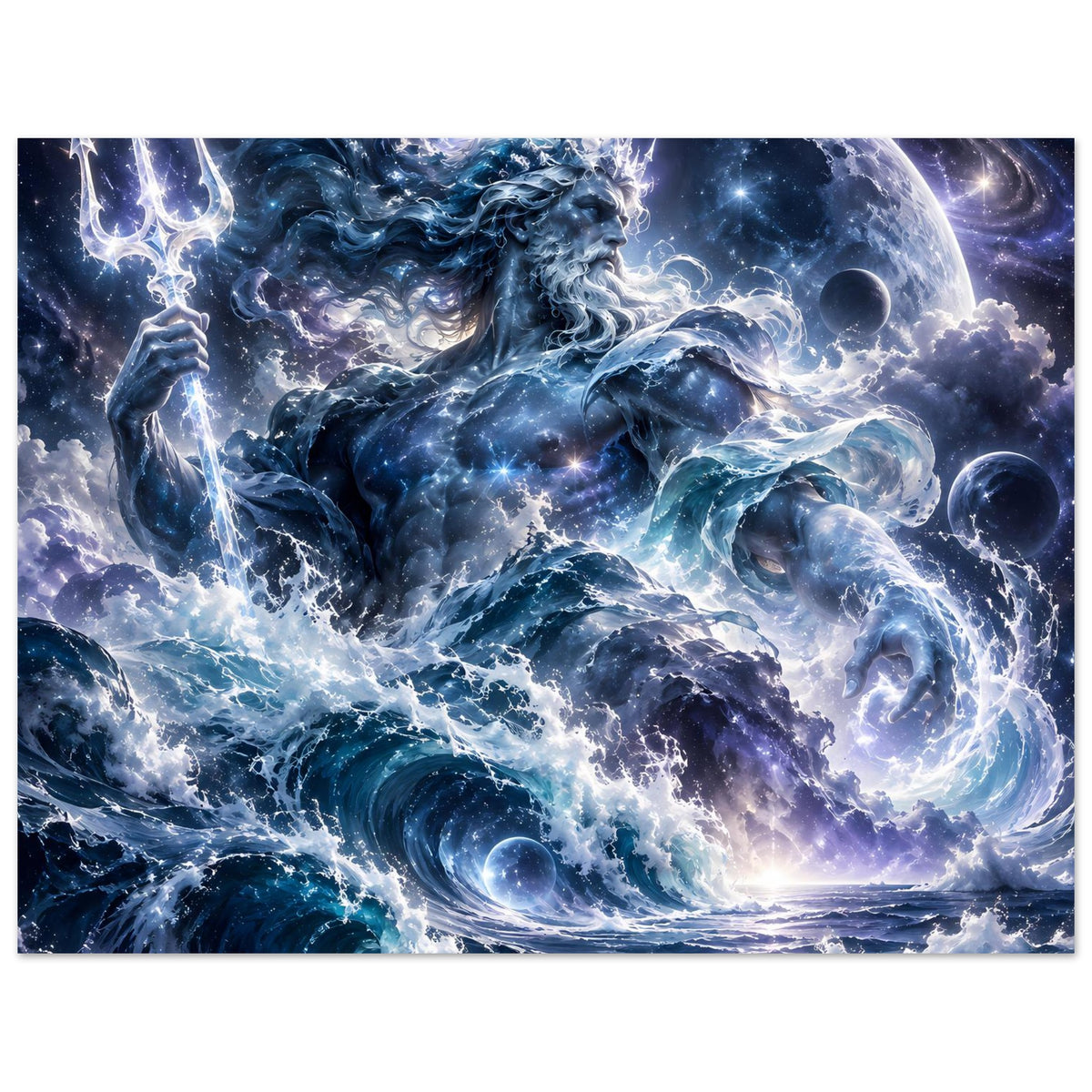 Poster im Querformat: Ozeangott mit leuchtendem Dreizack, blaue kosmische Wellen