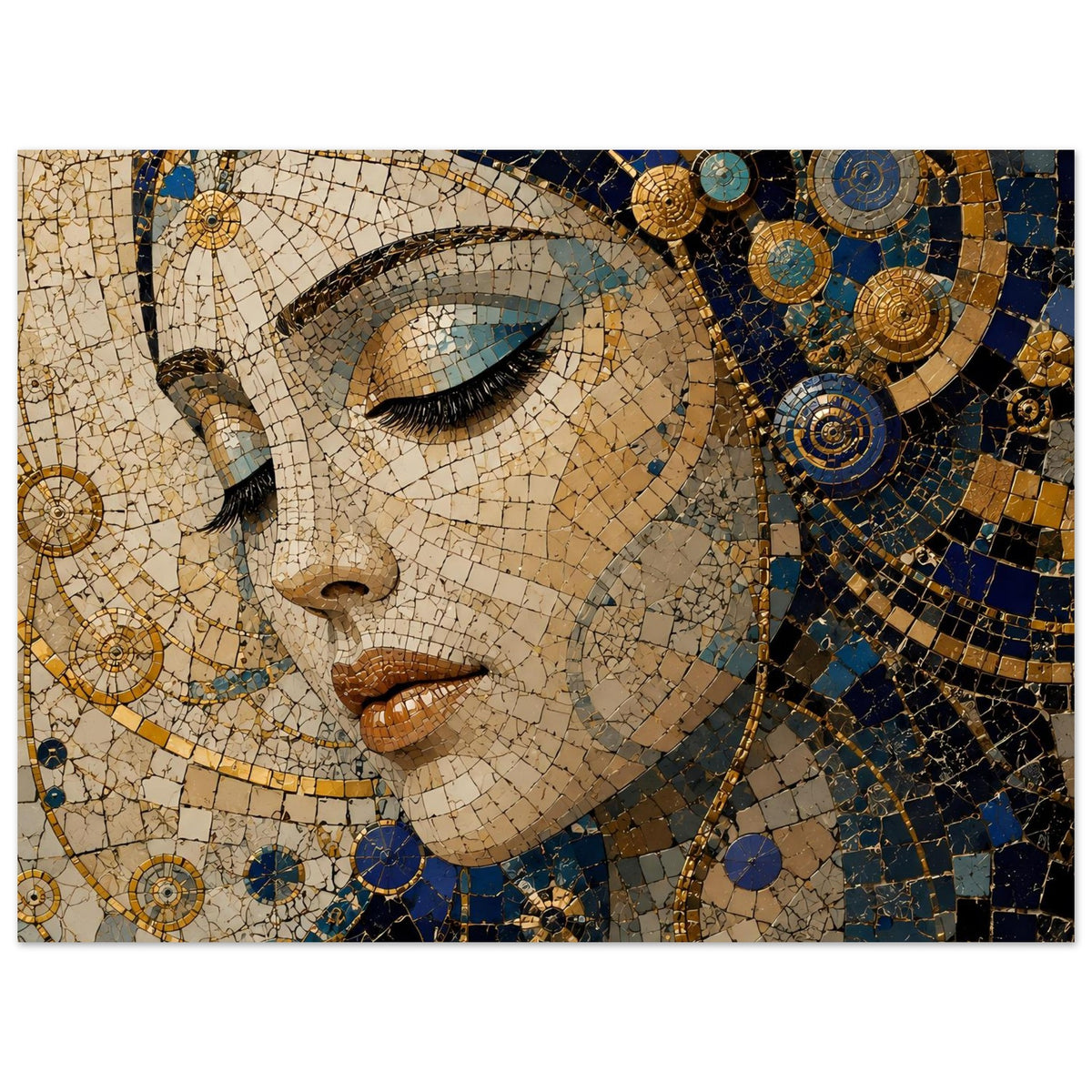 Mosaik-Porträtposter: Frauengesicht in Blau-Gold, Ansicht mit Kopfbedeckung und Auge