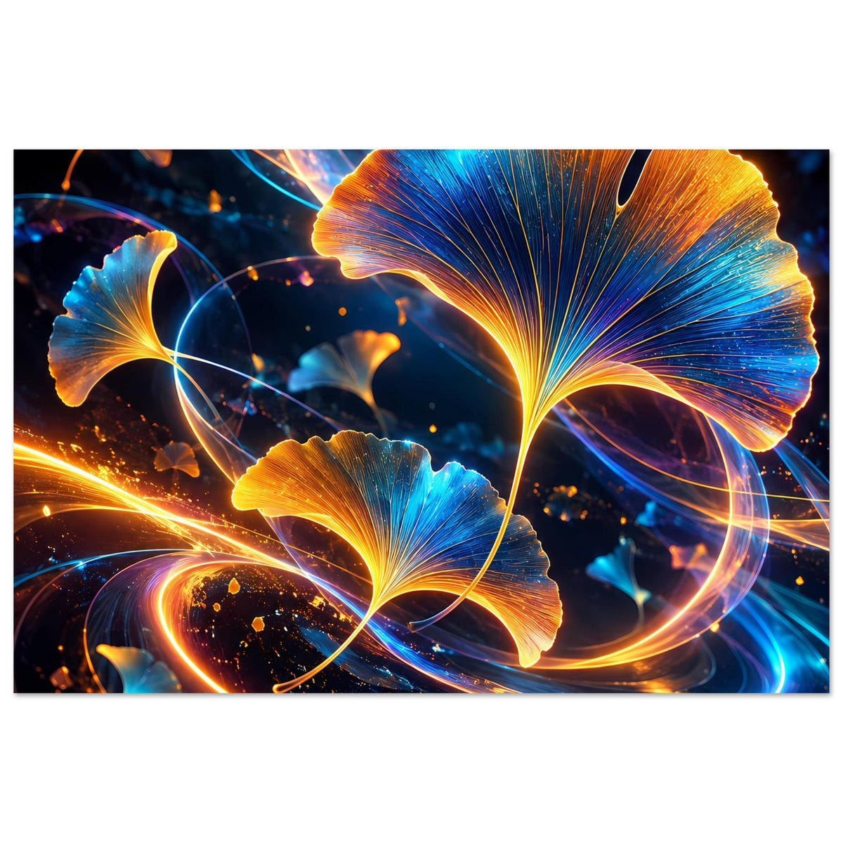 Ginkgo-Blätter im leuchtenden Design, Blau und Gold, mit goldenen Lichtlinien im Poster