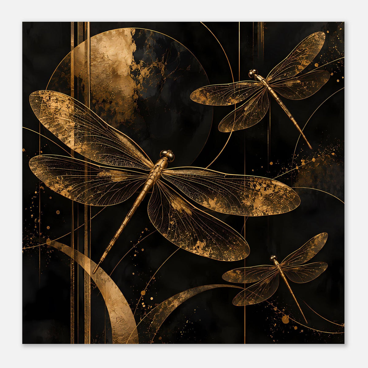 Rechteckiges Wandposter mit goldenen Libellen auf dunklem Hintergrund, gerahmt