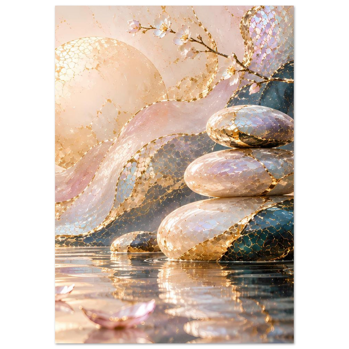 Poster im Hochformat mit goldenen Linien, geschichteten Steinen und Spiegelungen auf dem Wasser