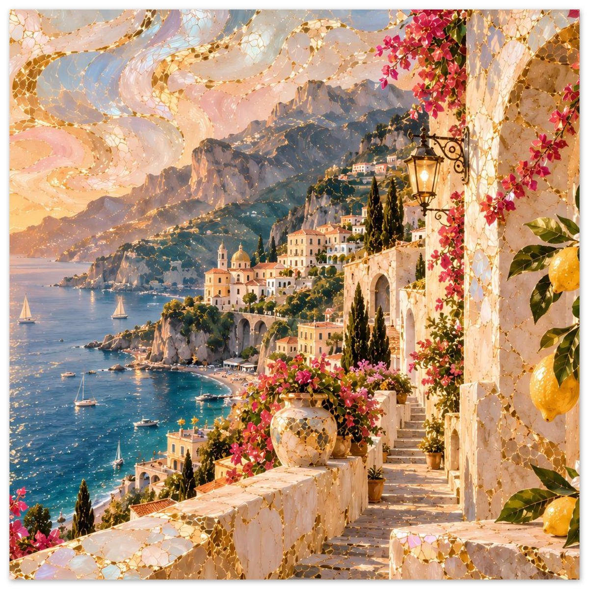 Vertikales Küstenposter mit Sonnenuntergang, goldenen Steindetails, Blumenranken und Meerblick