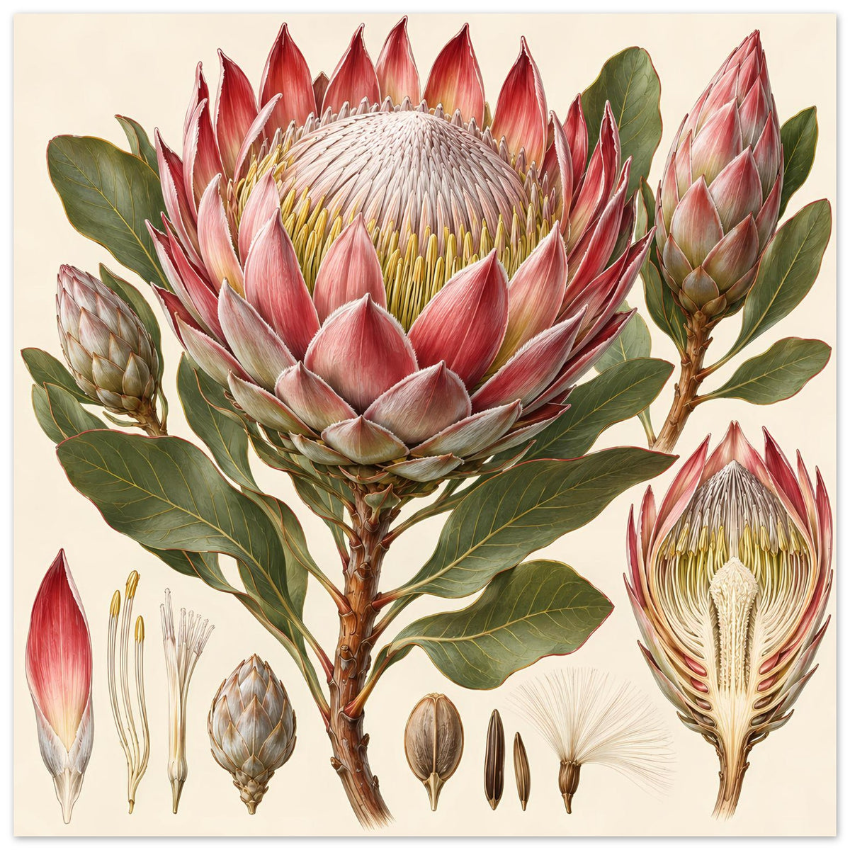 Protea-Blumenposter auf matter Papieroberfläche, rosa Blüten, Knospen und Blätter