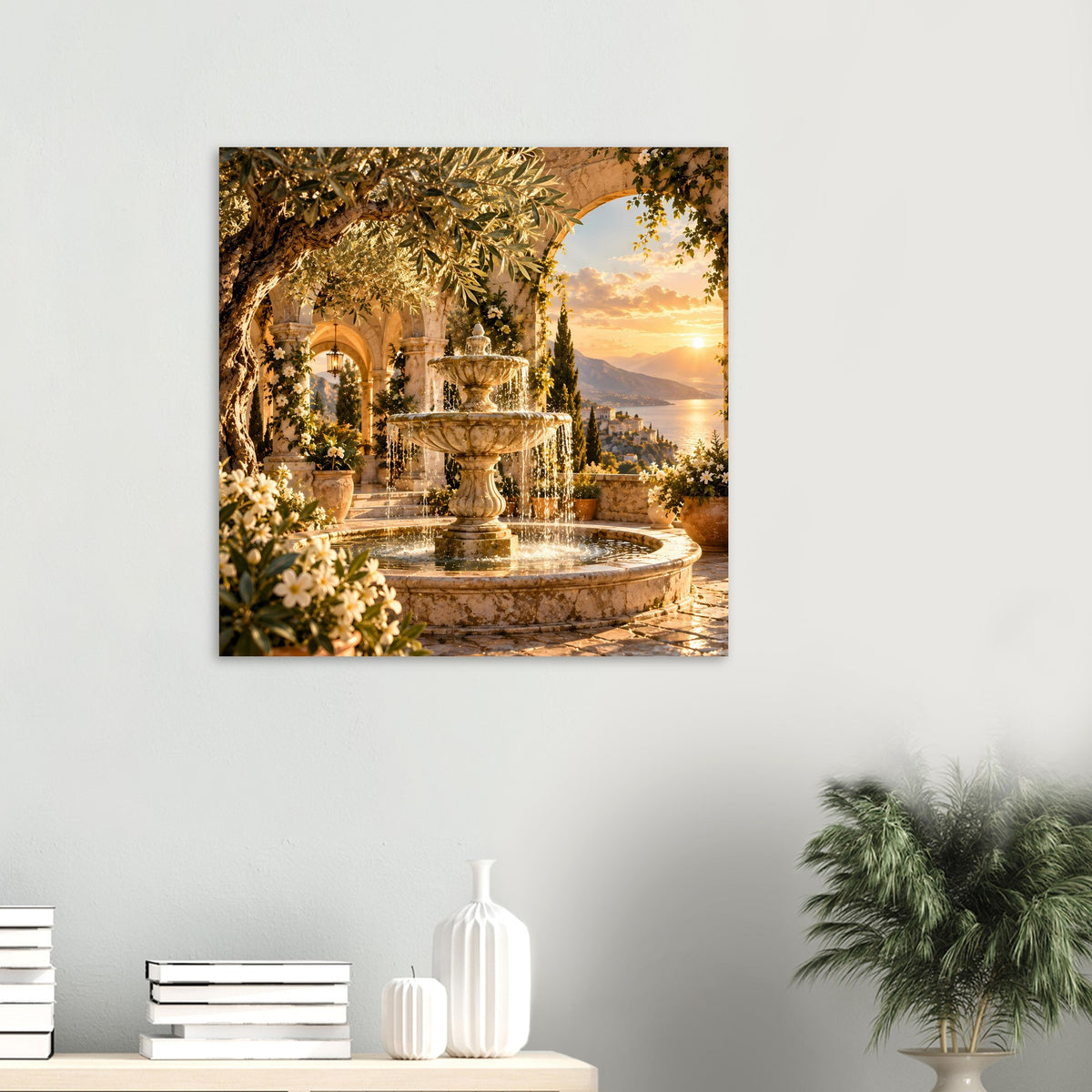 Wandposter im Quadratformat: mediterraner Brunnen auf Steinterrasse mit Abendsonne