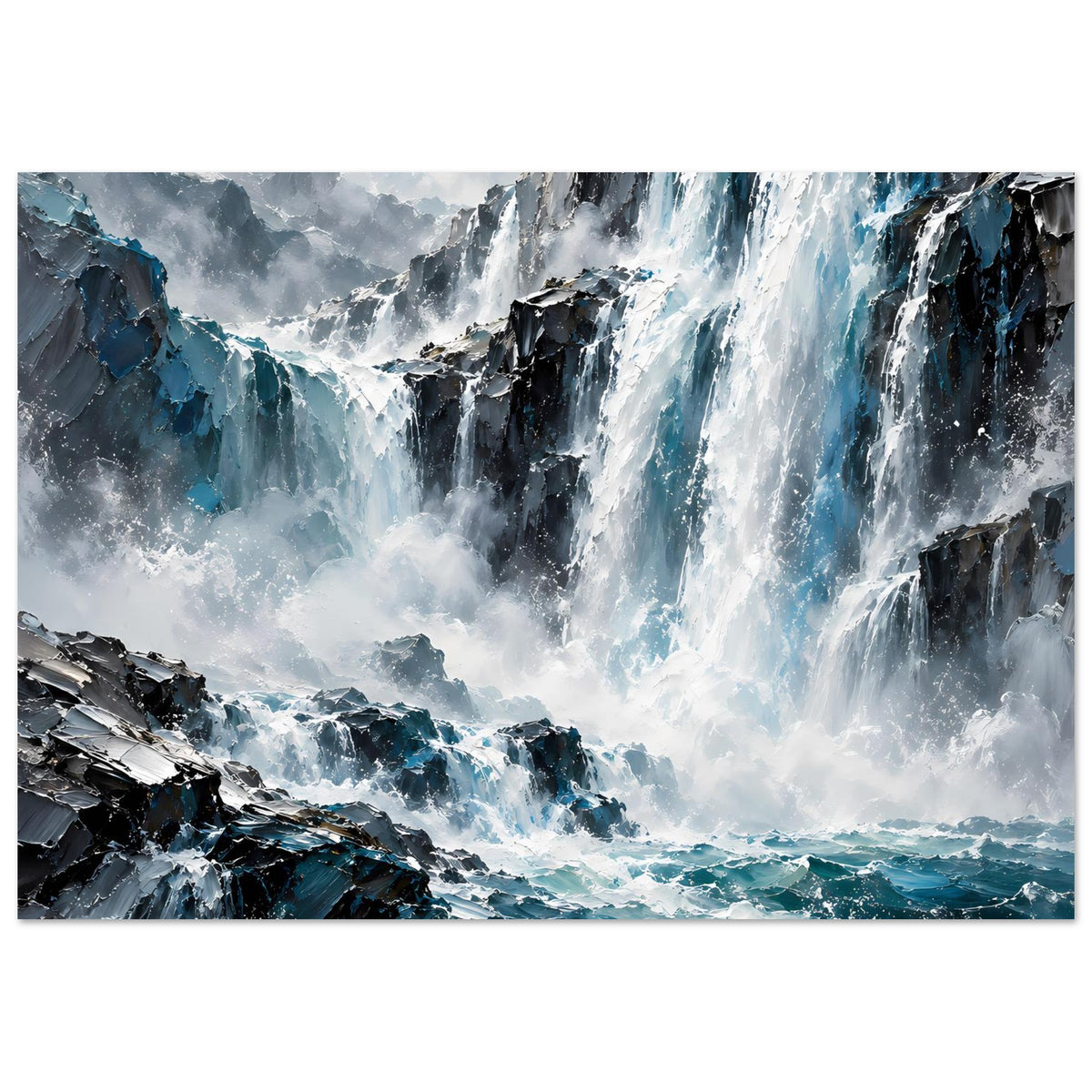 Wasserfall-Ozeanposter im Querformat: Wasserfall, zerklüftete Felsen, blaues Meer