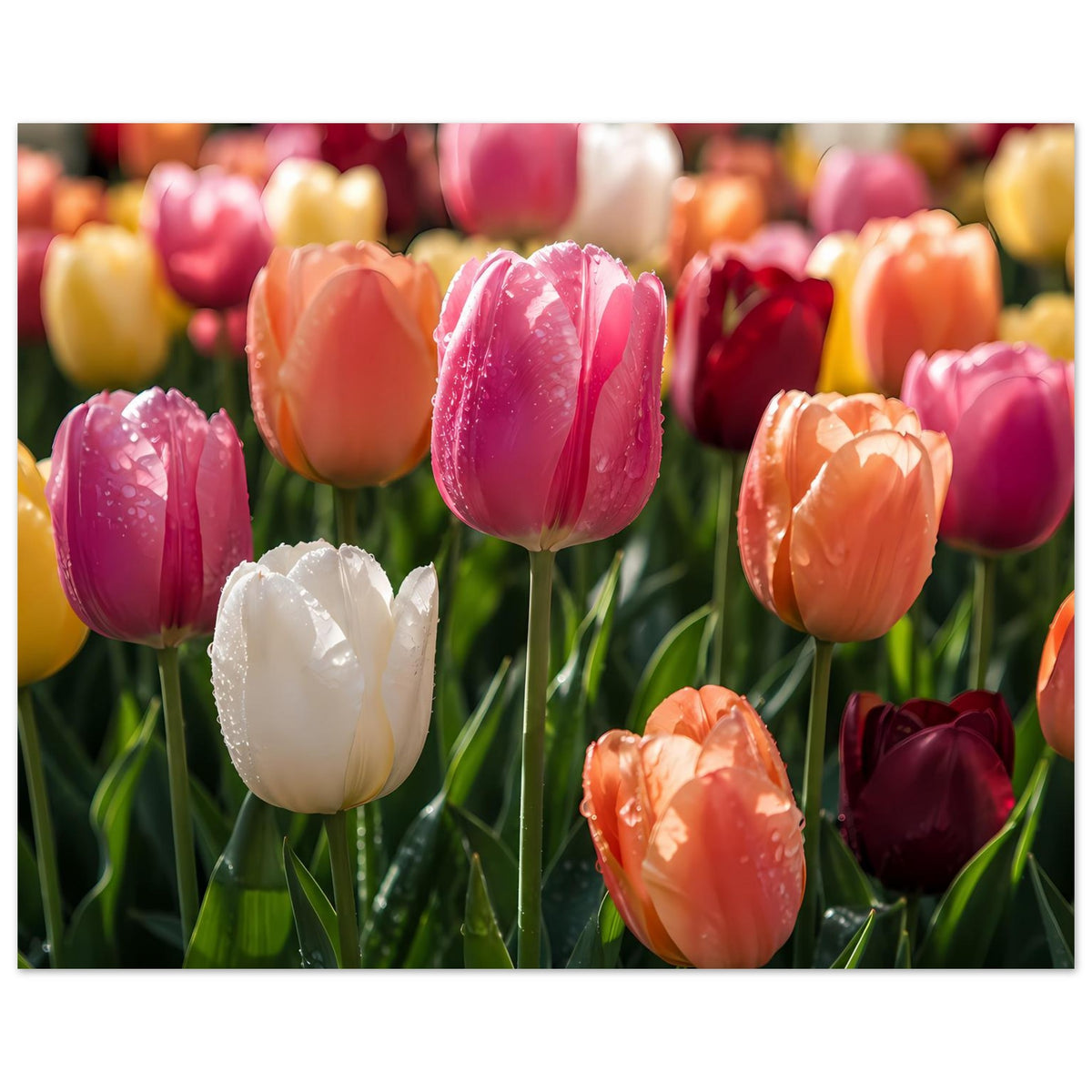 Poster mit Tulpenblüten in Pink, Orange und Weiß, dichter Blumenmix mit grünen Stielen