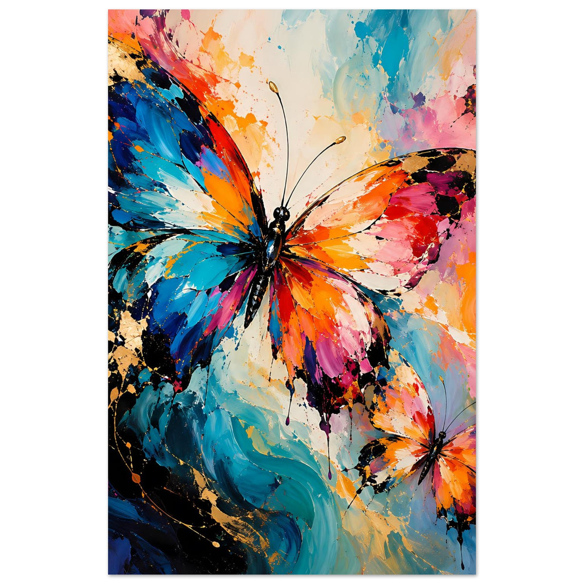 Schmetterlingsposter, vertikal: großer Schmetterling mittig, zweites rechts unten