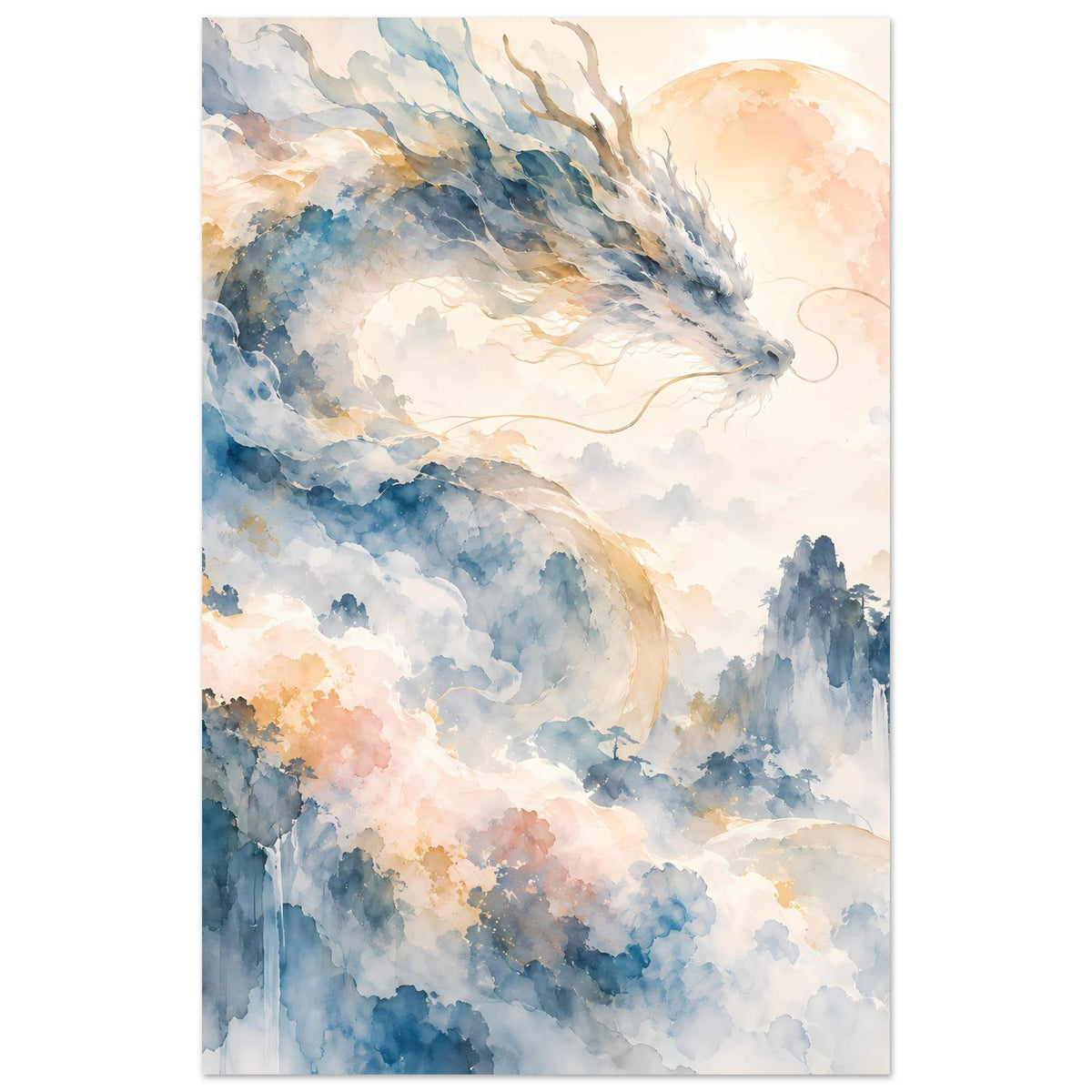 Vertikales Fantasie-Aquarellposter: blauer Drache mit langen Flügeln über nebligen Bergen
