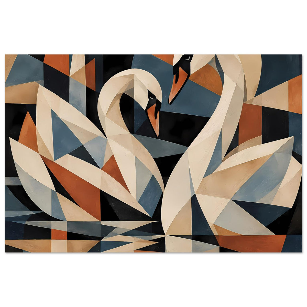 Kubistisches Schwanen-Poster mit geometrischem Schwan und schwarzbraunen Kontrasten