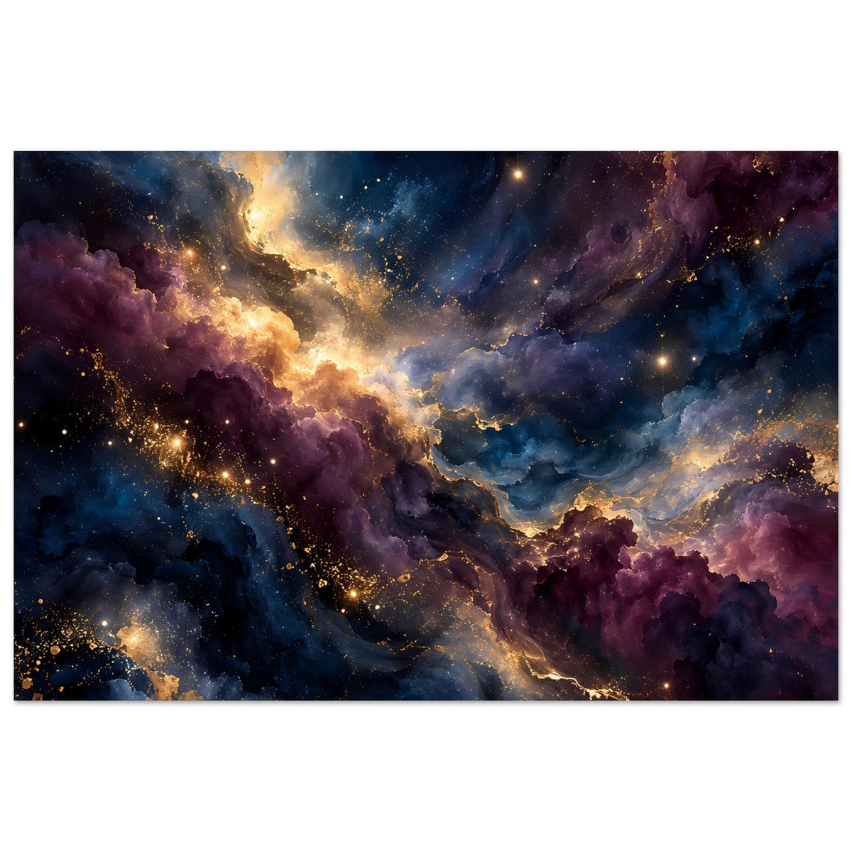 Horizontales Wandposter mit sternenreichem Nebel in Blau und Violett, leuchtend golden