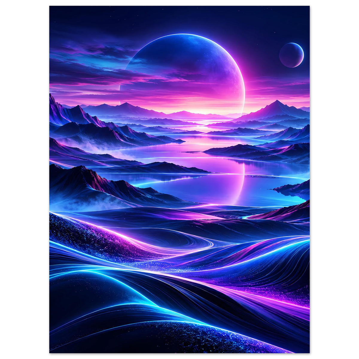 Neon-Weltraum-Poster mit großer leuchtender Kugel, kleinem Mond und violetten Lichtbahnen