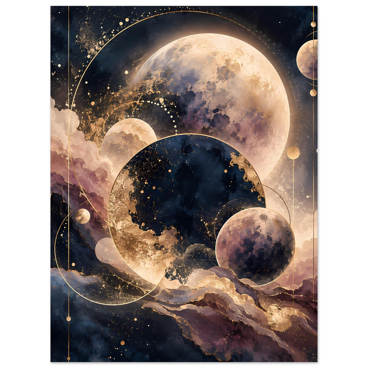 Vertikales Planetenposter mit mehreren Monden und dunkler Planetenscheibe, Sternenhimmel