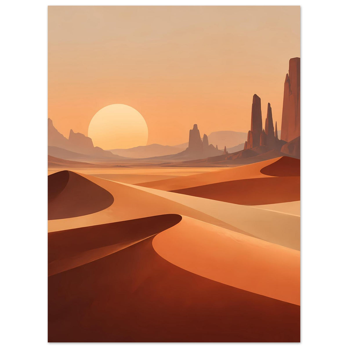 Vertikales Poster mit Dünen und Felsformationen in Orange und Sand, untergehende Sonne.
