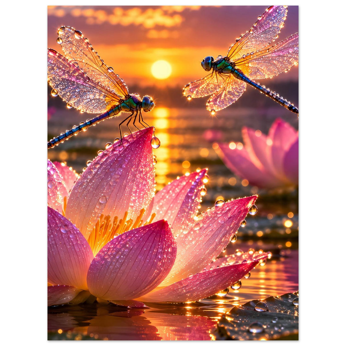 Poster mit schimmernden Libellen auf rosa Lotusblüten, Wasserreflexionen und goldenem Licht