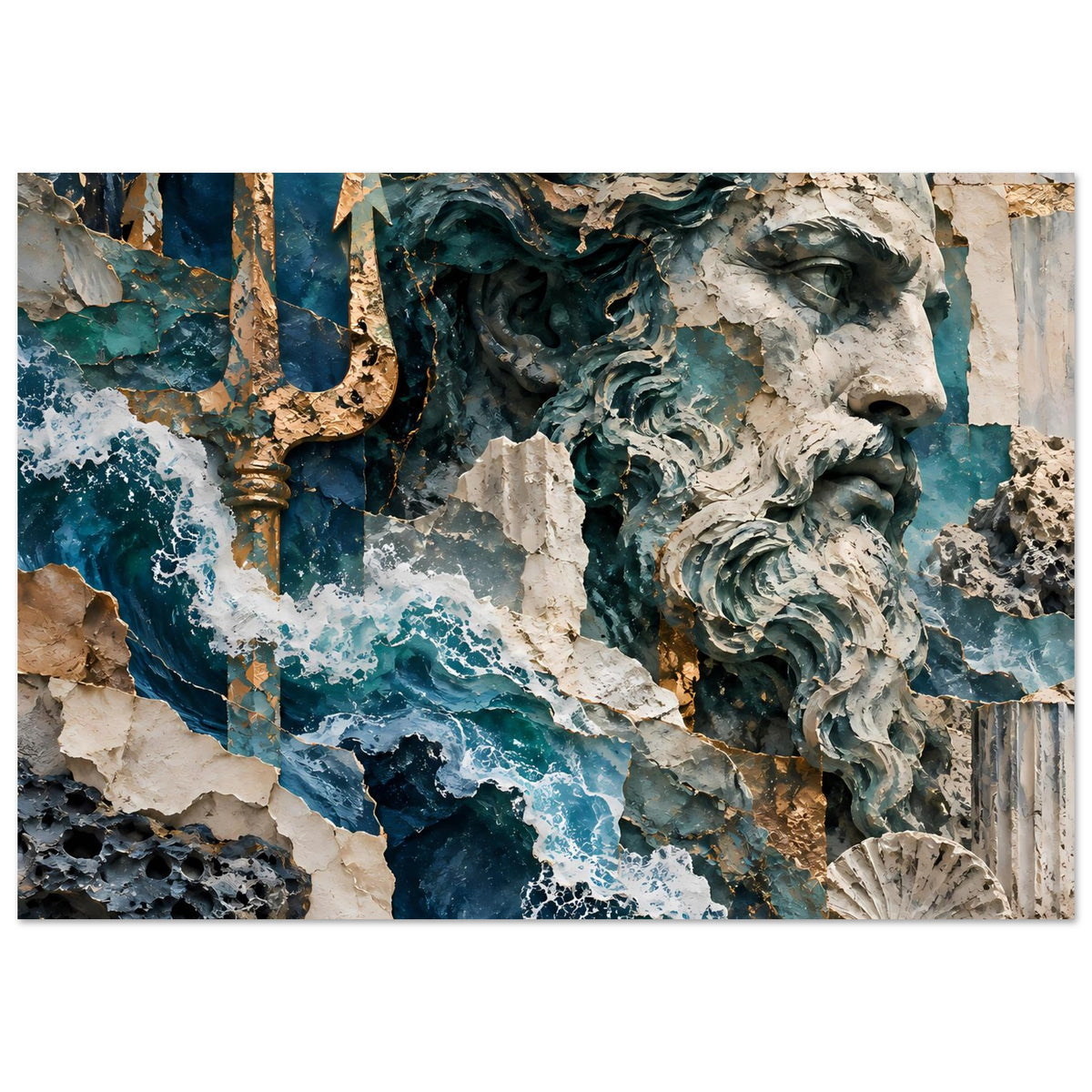 Poster im Querformat: Meeresrelief mit Antik-Kopf, blaue Wellen, goldener Dreizack