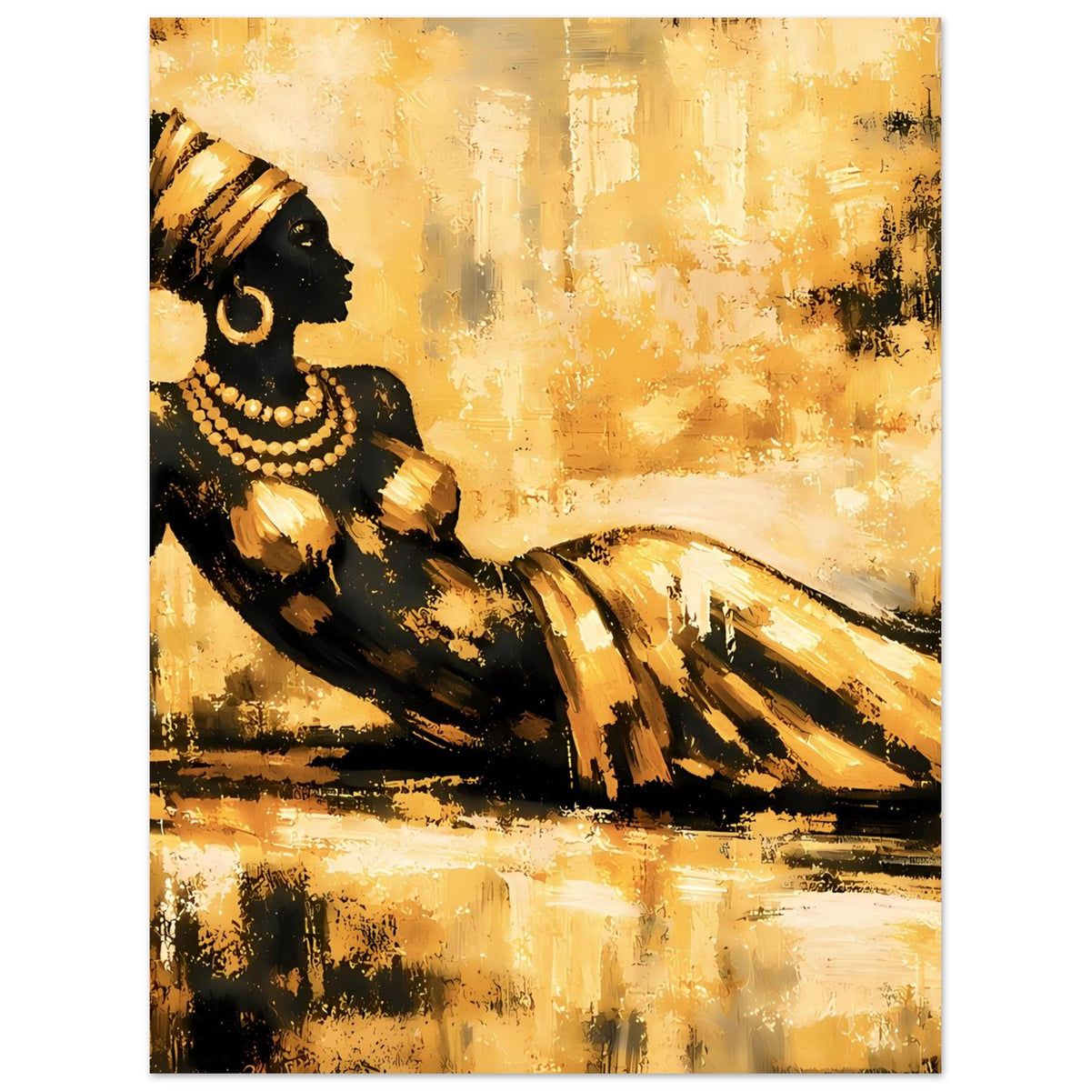 Kunstposter: goldene Frau als schwarze Silhouette mit Perlenkette und goldener Kleidung