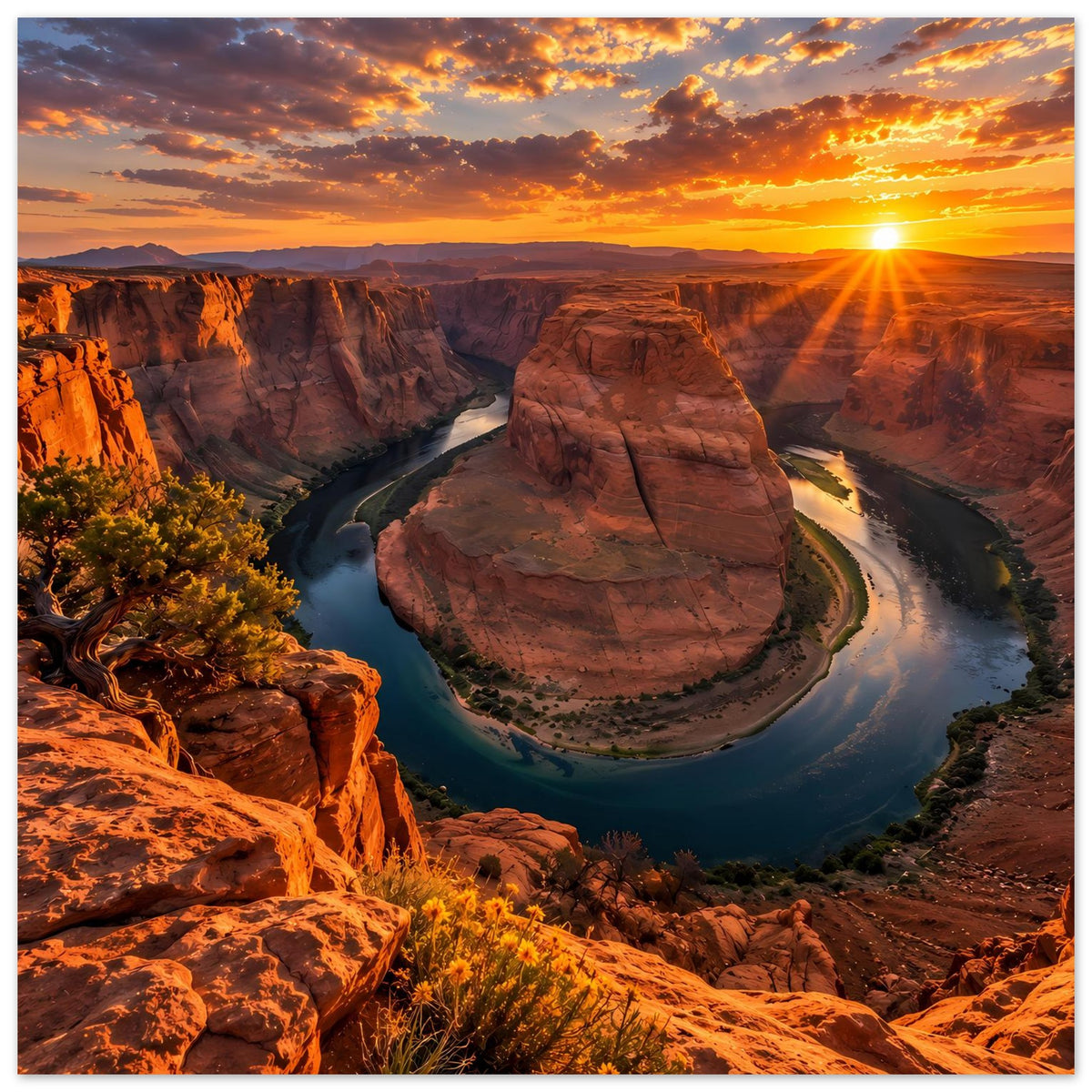 Poster mit Canyon und Flusswindung, großer Felsen im Vordergrund, Sonnenuntergang am Horizont