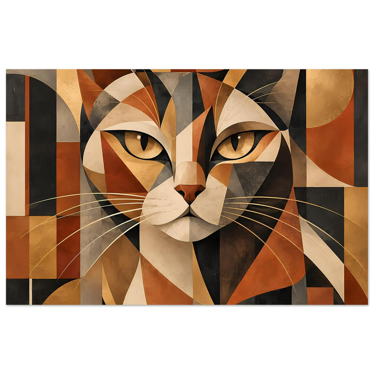 Poster mit geometrischem Katzenporträt in warmen Erdtönen, facettiertem Kopf und Schnurrhaaren
