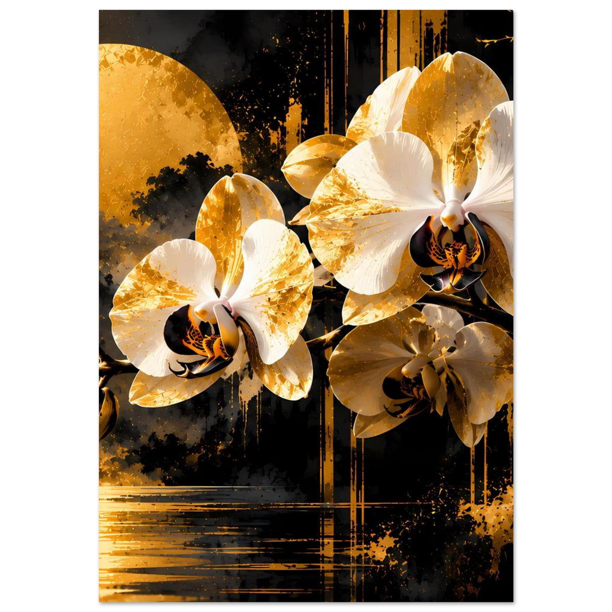 Rechteckiges Poster: goldene Orchideenblüten mit weißen Blütenblättern auf dunklem Grund