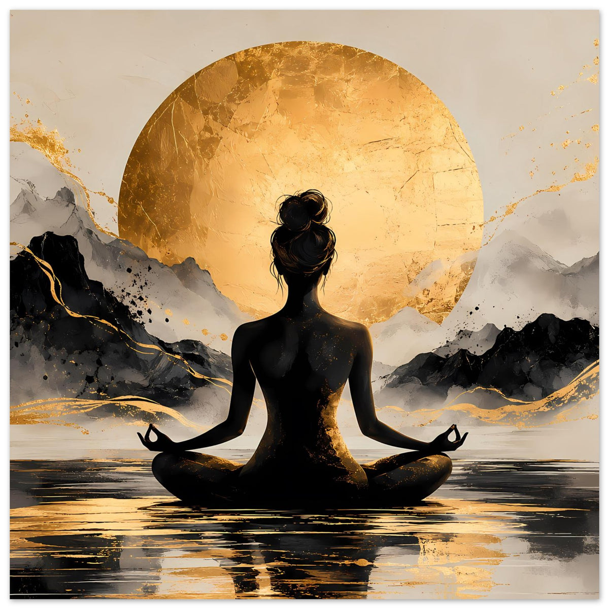 Meditations-Poster: schwarze Silhouette im Lotussitz, goldene Sonne, felsige Landschaft