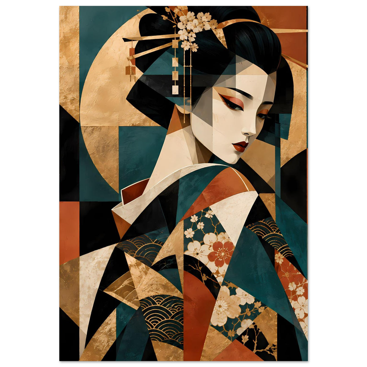 Kunstposter mit Geisha, seitliches Gesicht und Blumen, Gold-, Türkis- und Rotnuancen
