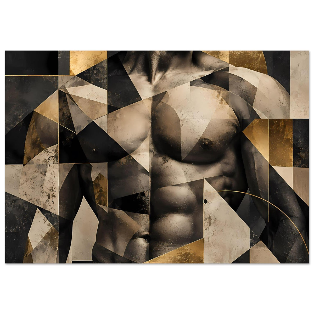 Abstraktes Poster mit Aktmotiv: Brust- und Kopfbereich, Schwarz-, Beige- und Goldflächen